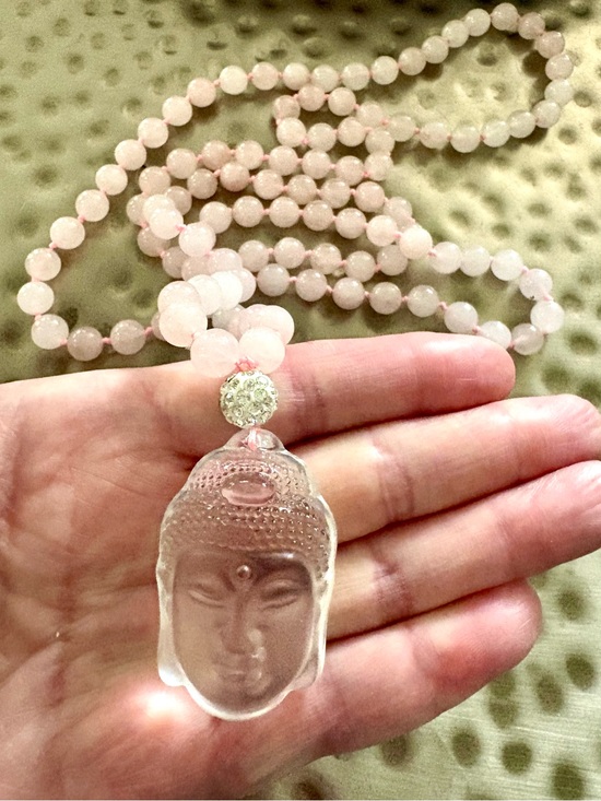 Jewelry - Vintage Rose Quartz Buddha Necklace Rock Crystal Pendant Hand Knotted 40”